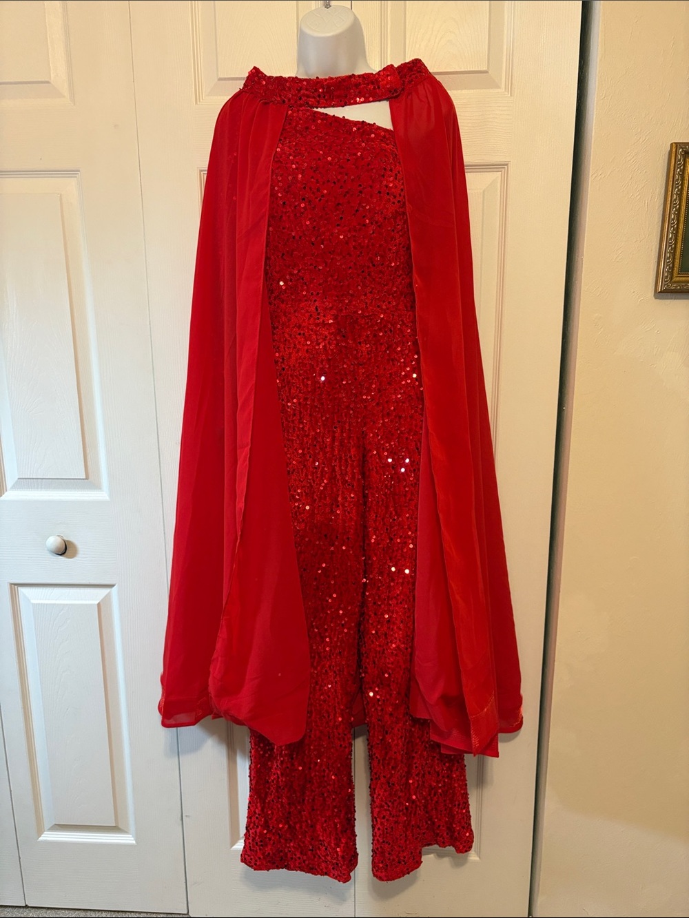 NWT Red Sequin One-Shoulder Jumpsuit with Detachable Cape | Size 10